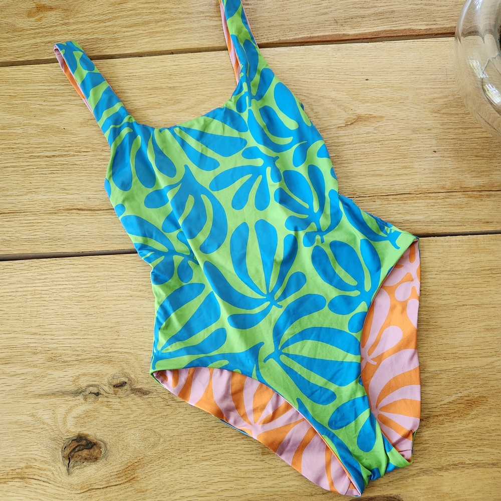 Solid & Striped One Piece Swimsuit Reversible Leaf Print  Blue Orange Size Small
